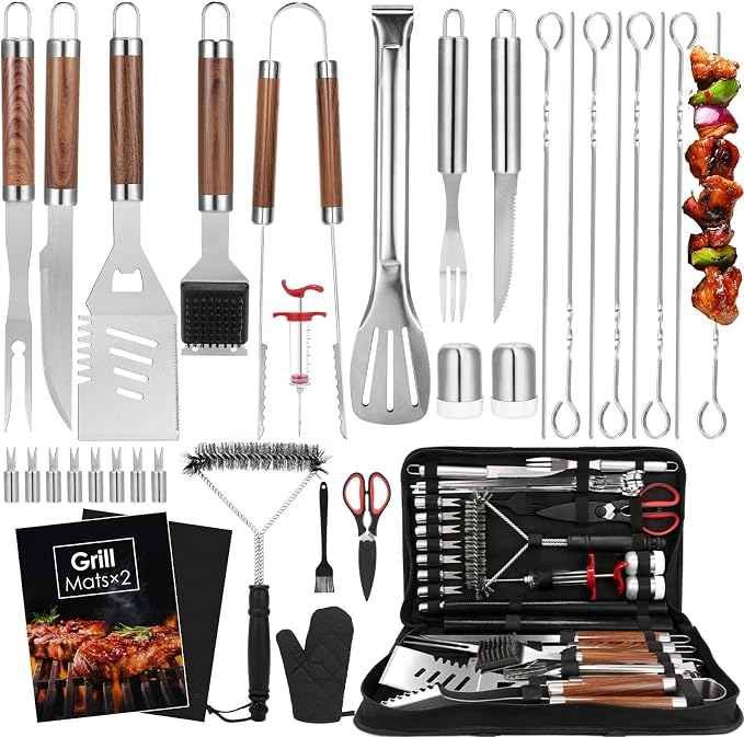 34 piece BBQ grill accessories tool set with thermometer and case