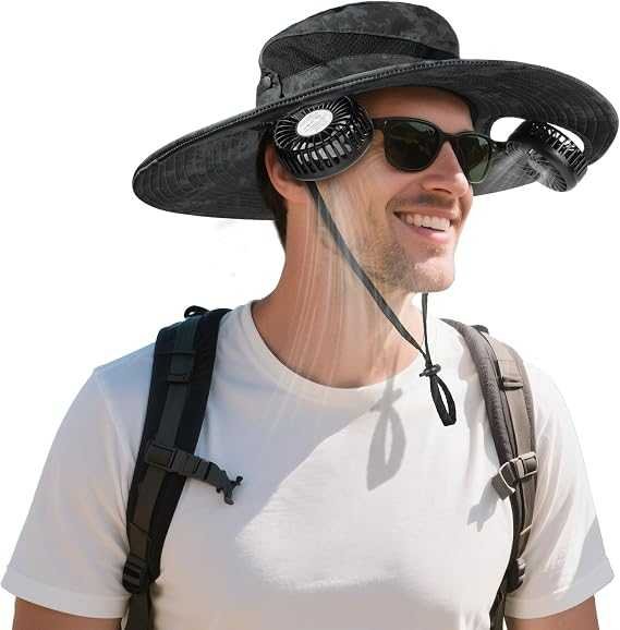 AMACOOL Solar and USB Rechargeable Wide Brim Bucket Hat with integrated cooling fan