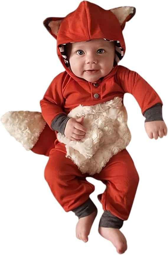 Newborn baby fox coat fur bodysuit with hood and tail