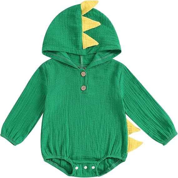 Linen dinosaur costume hooded baby romper