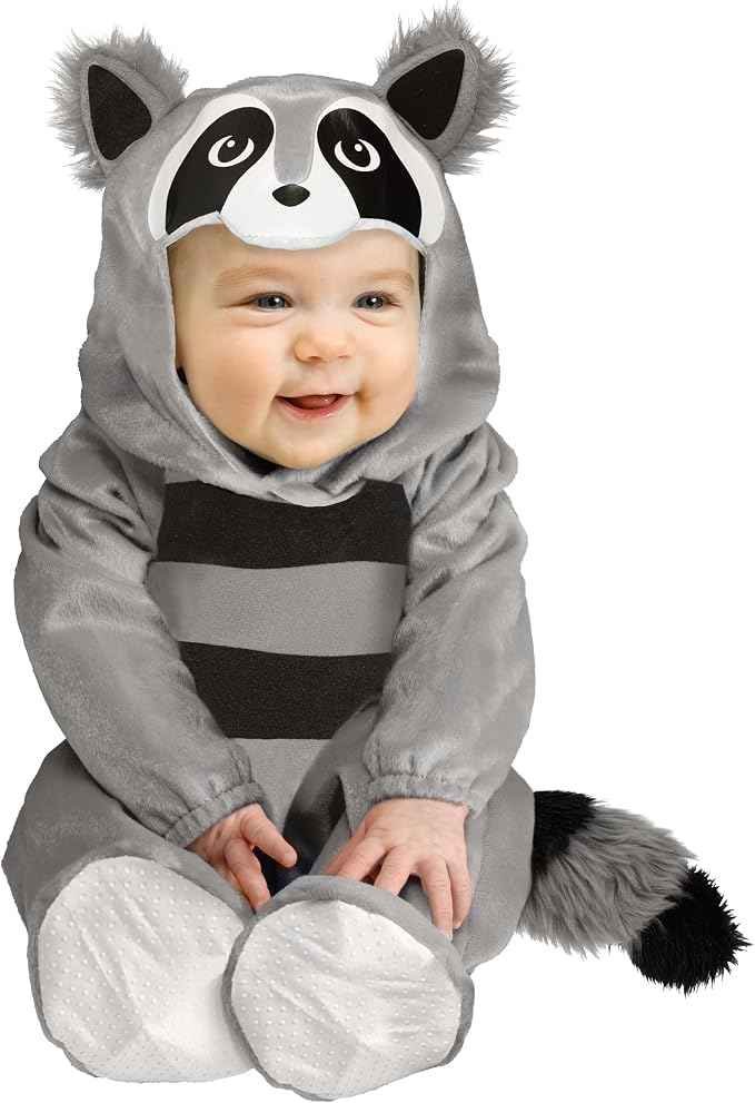 Adorable baby raccoon costume with hood, ears, and striped tail