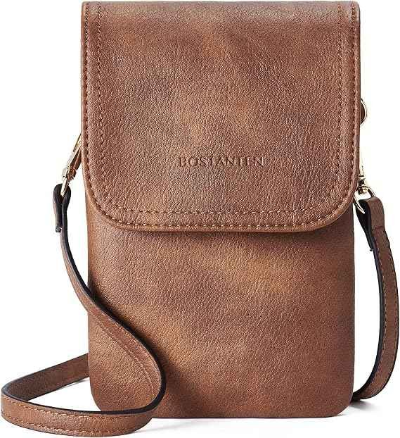 Small leather crossbody bag designed to hold a phone and cards