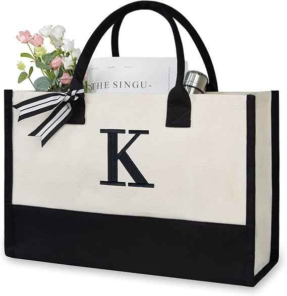 Embroidered initial canvas tote bag