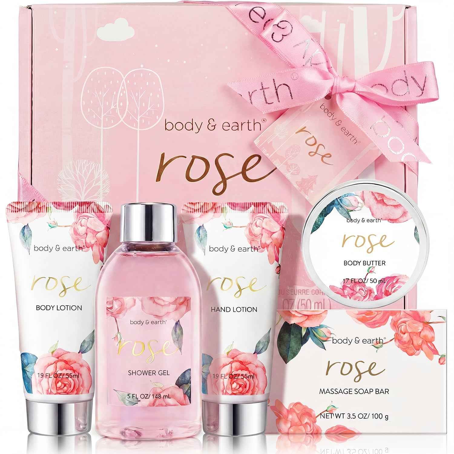Body and Earth rose spa gift set with five bath and body pieces