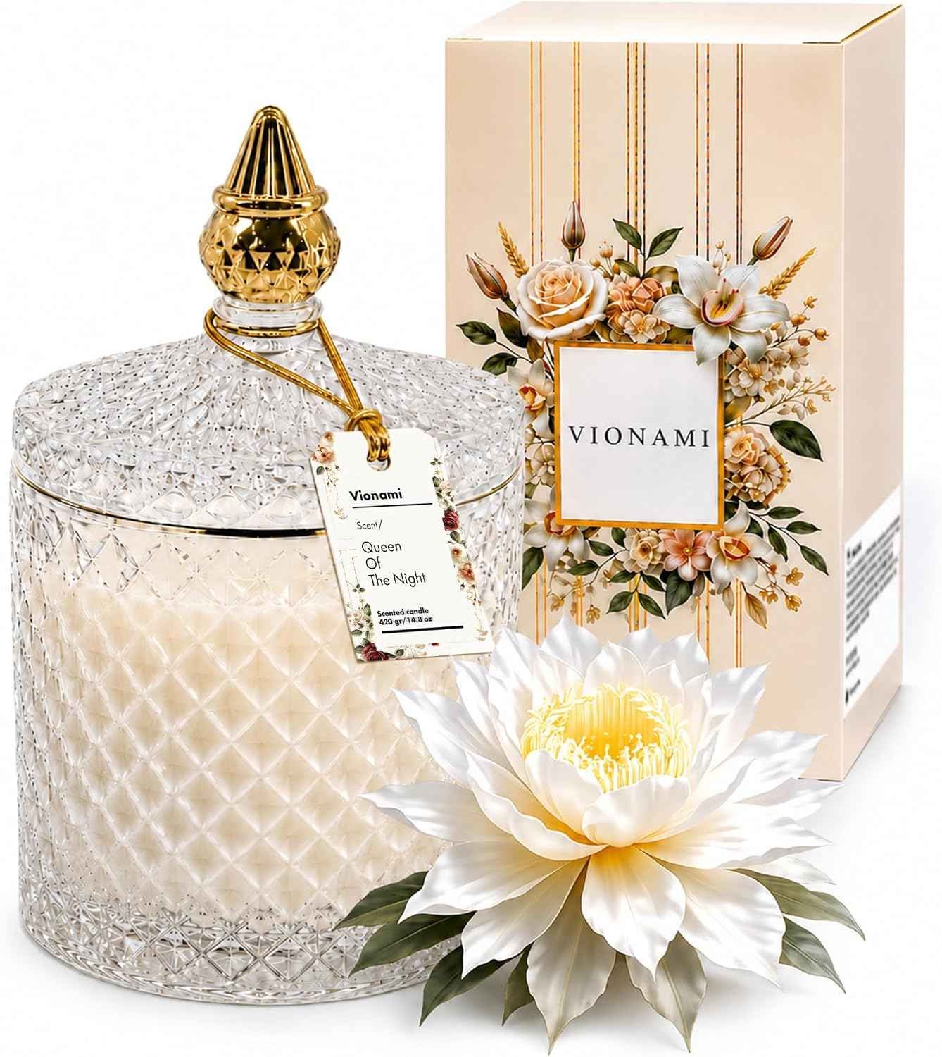Luxury scented candle in elegant glass jar, Queen of the Night fragrance