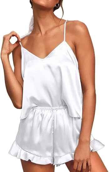 CHYRII Silk Satin Ruffled Pajama Set, Cami Shorts