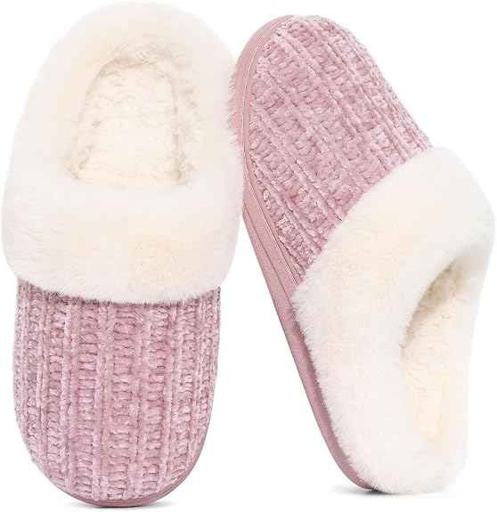 Chenille knit fuzzy memory foam slippers for women