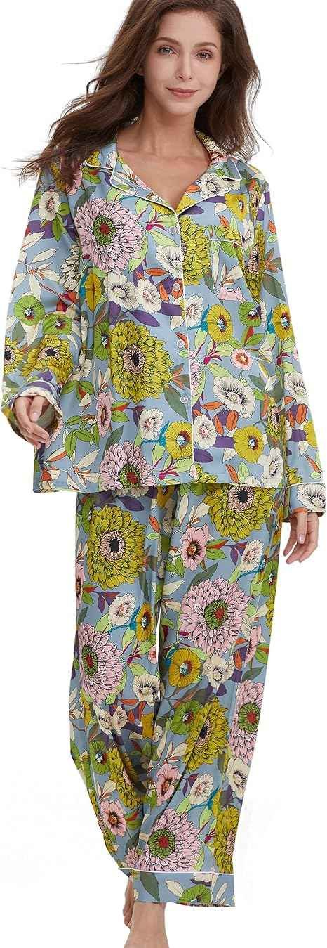Long sleeve silk satin pajama set with button-down top and pockets