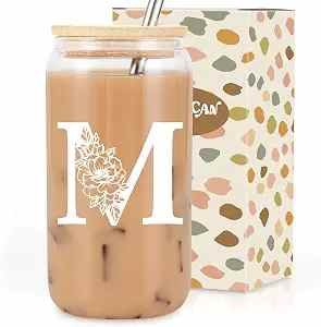 Personalised initial glass tumbler with lid and straw