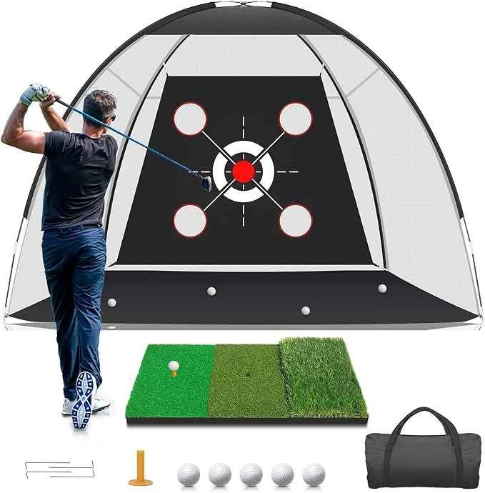 10x7ft backyard golf practice hitting net with artificial turf mat and balls