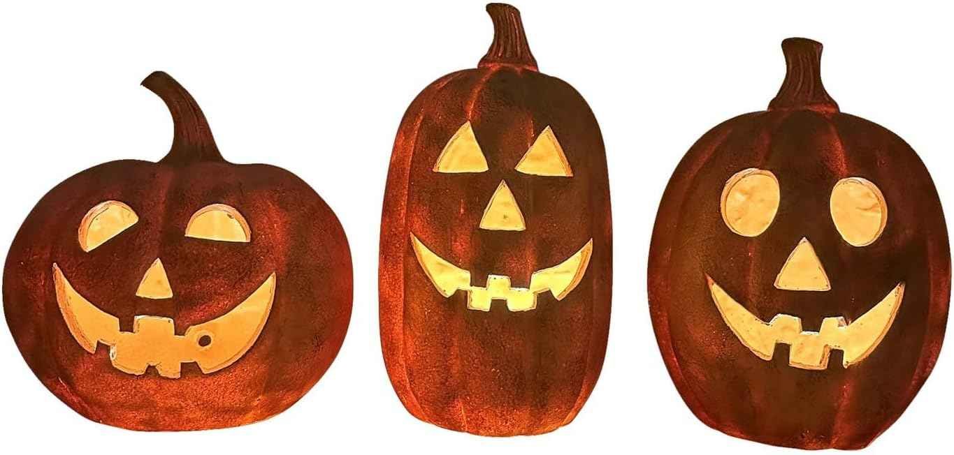 Haunted Hill Farm Warm White LED Spooky Jack O Set Lantern 3 pc