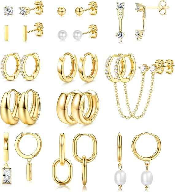 BESTEEL 12-Pair Stainless Steel Crystal Stud Earrings Set