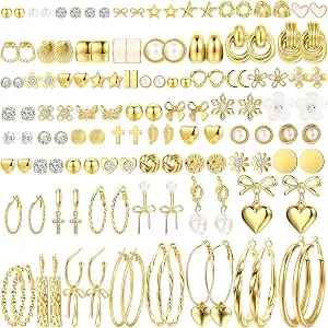 Set of 75 pairs of gold stud earrings in multiple styles
