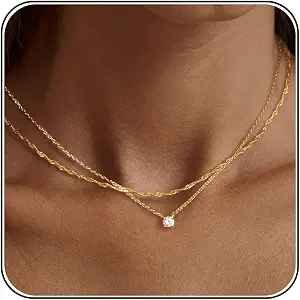 TEWIKY Dainty Cubic Zirconia Bezel Solitaire Necklace