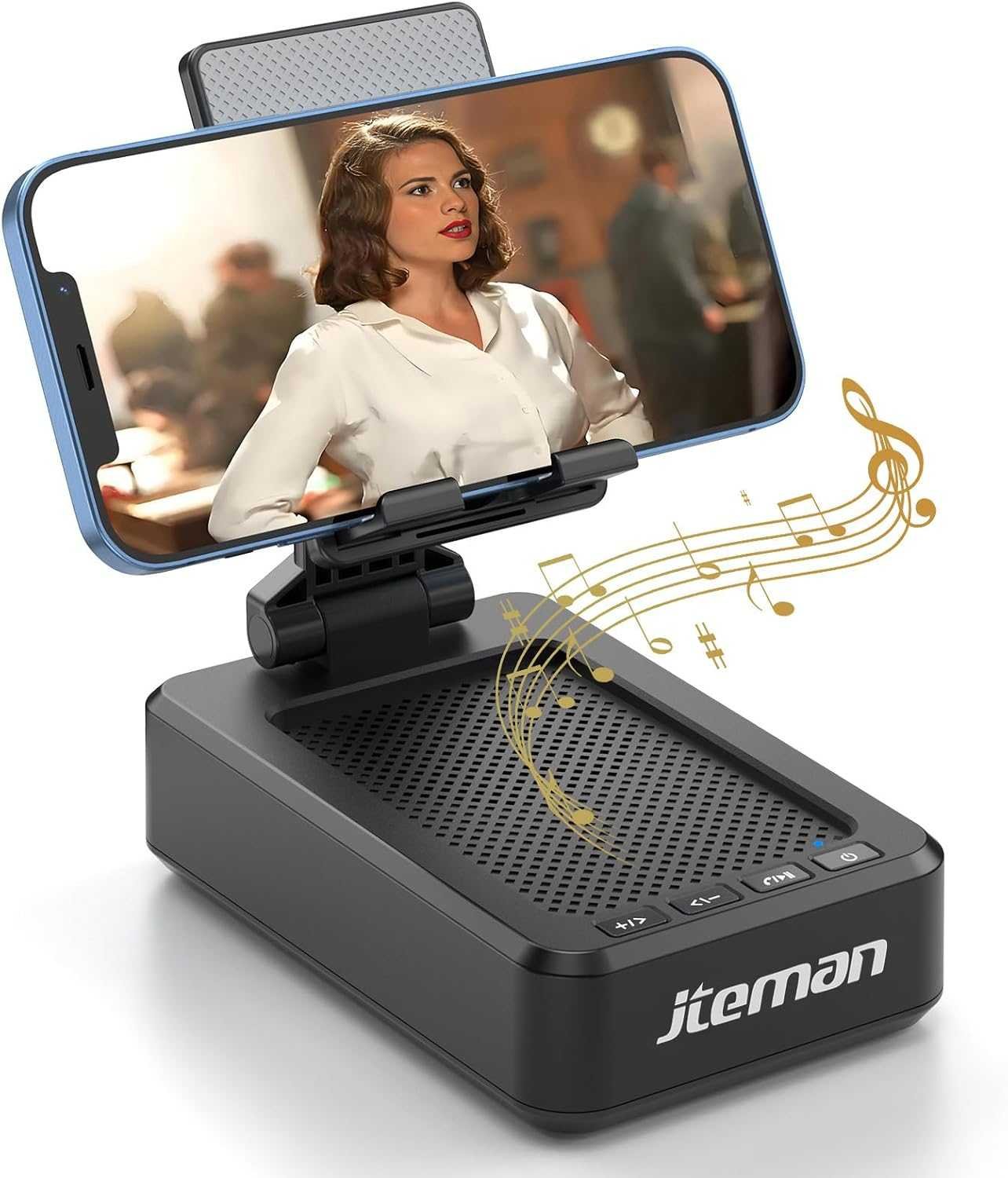 JTEMAN 2-in-1 desktop cell phone stand with built-in Bluetooth speaker