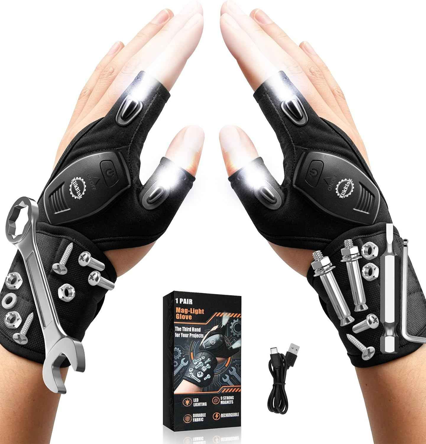 KlikKlak LED Flashlight Gloves with fingertip lights and magnetic screw wristband