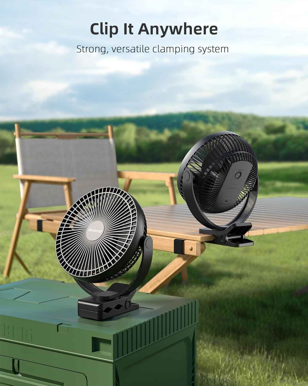 Koonie 8-inch Heavy Duty Rechargeable Clip on Desk Fan with 10000mAh battery