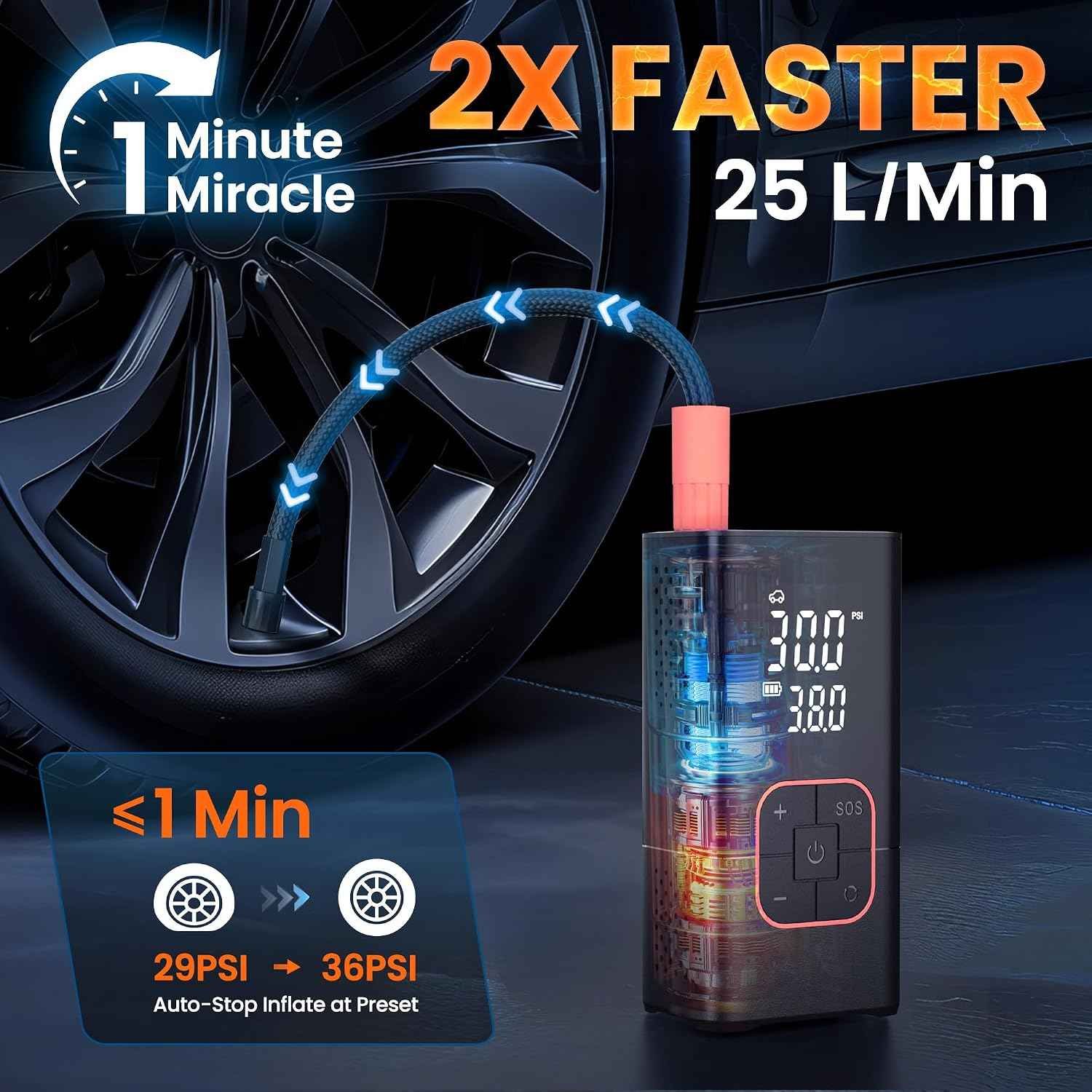 Portable Cordless Tire Inflator Air Compressor with digital pressure gauge and LED light