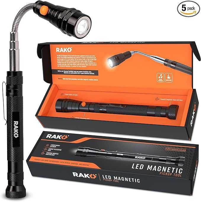 RAK Telescoping Magnetic Pickup Tool with 360 degree flexible neck and LED flashlight