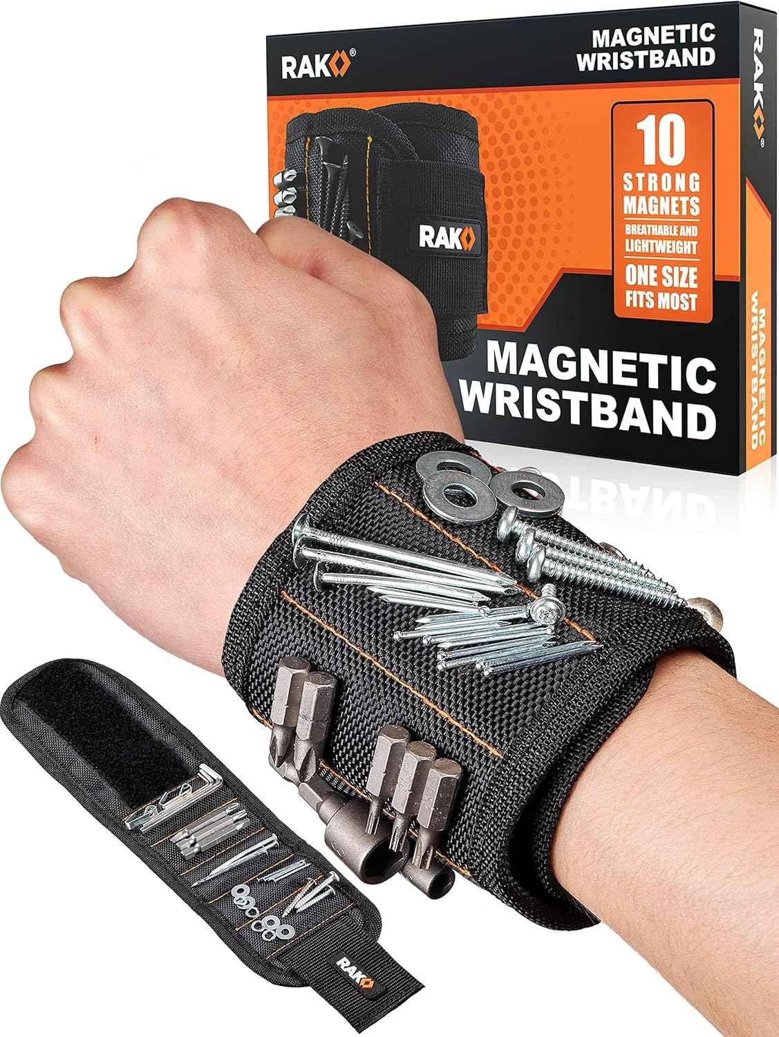 Magnetic tool wristband holding screws and nails for DIY projects
