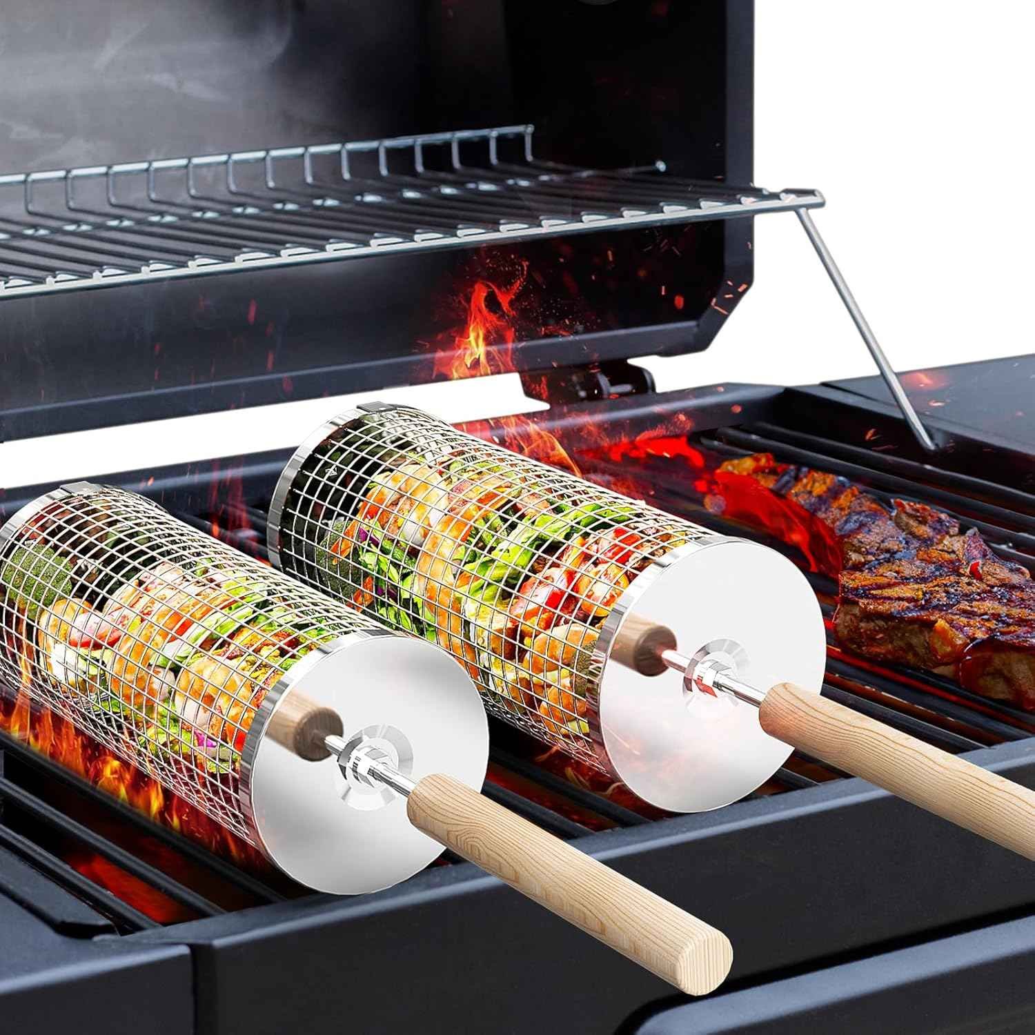 Rolling wire mesh cylinder grill basket for grilling chopped vegetables and seafood
