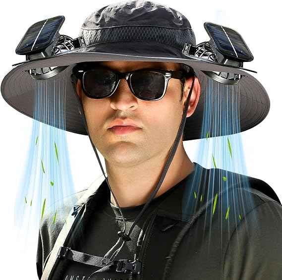 Wide brim sun hat with dual solar powered cooling fans UPF 50