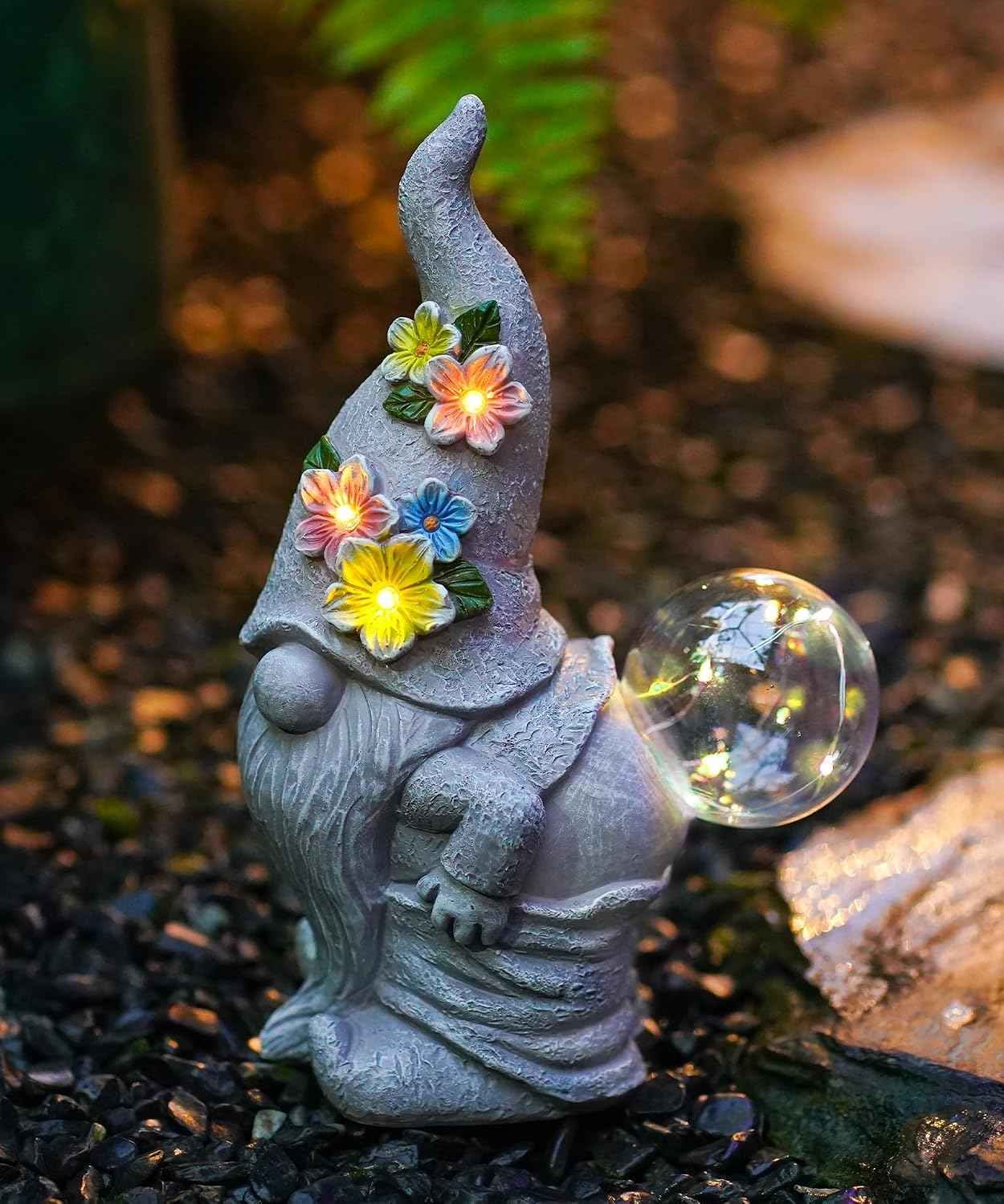 Solar Powered Funny Garden Gnome Statue with LED lantern for patio and yard decor