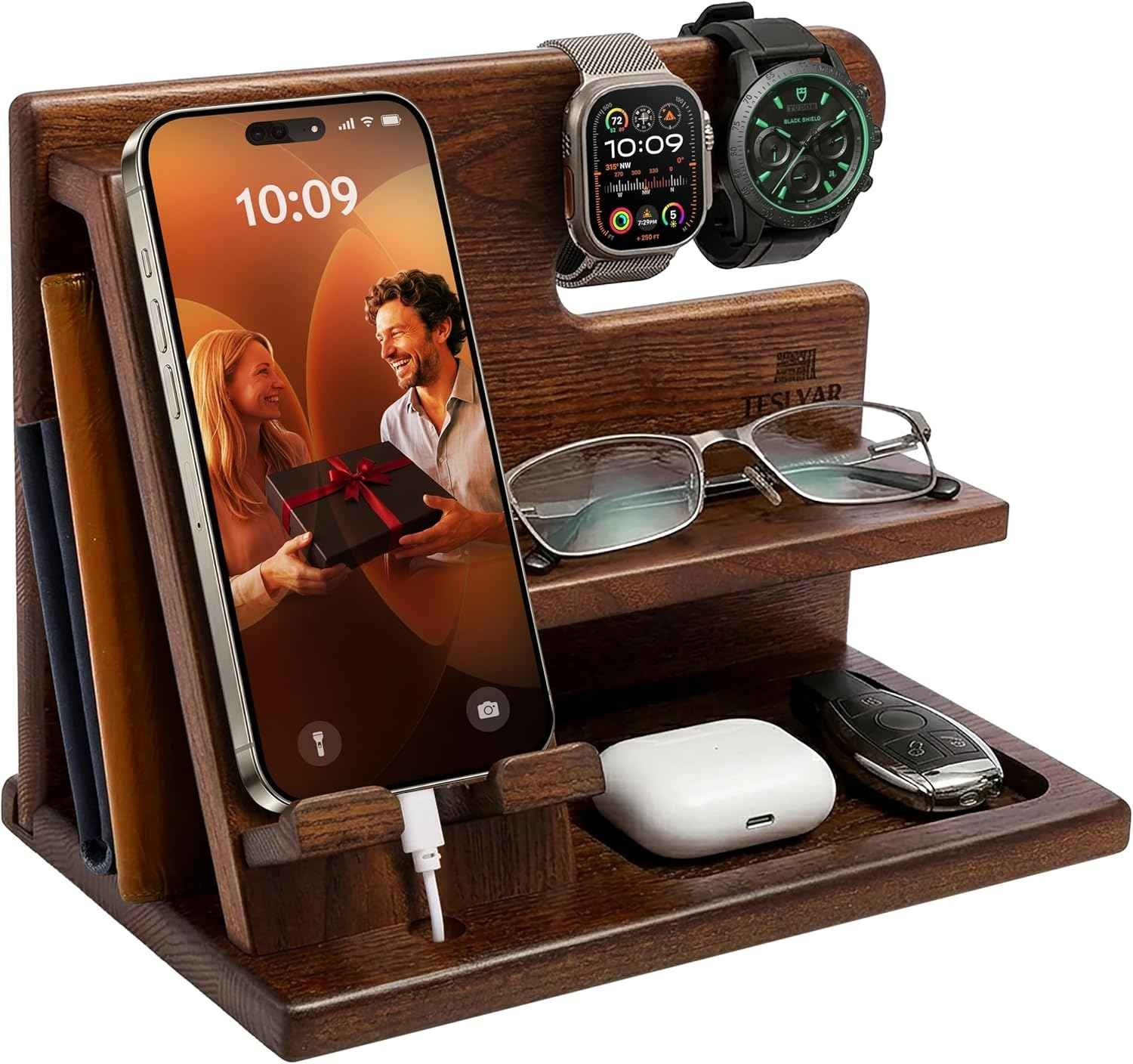 Compact bedside table wood charging stand and glasses organizer