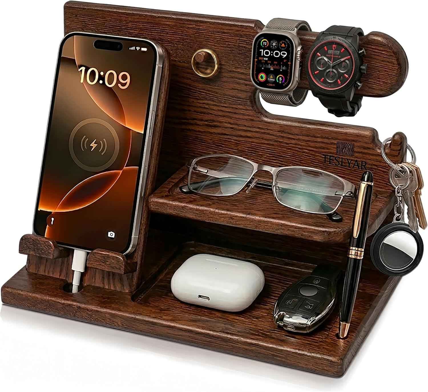 Natural ash wood desk docking station for phone, watch, wallet and keys