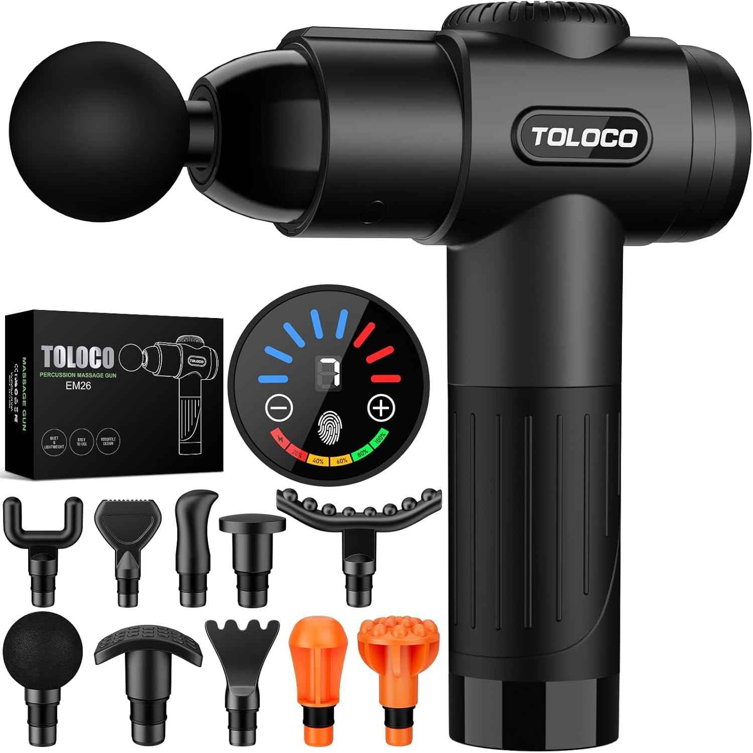 TOLOCO Deep Tissue Massage Gun with 10 interchangeable massage heads and case