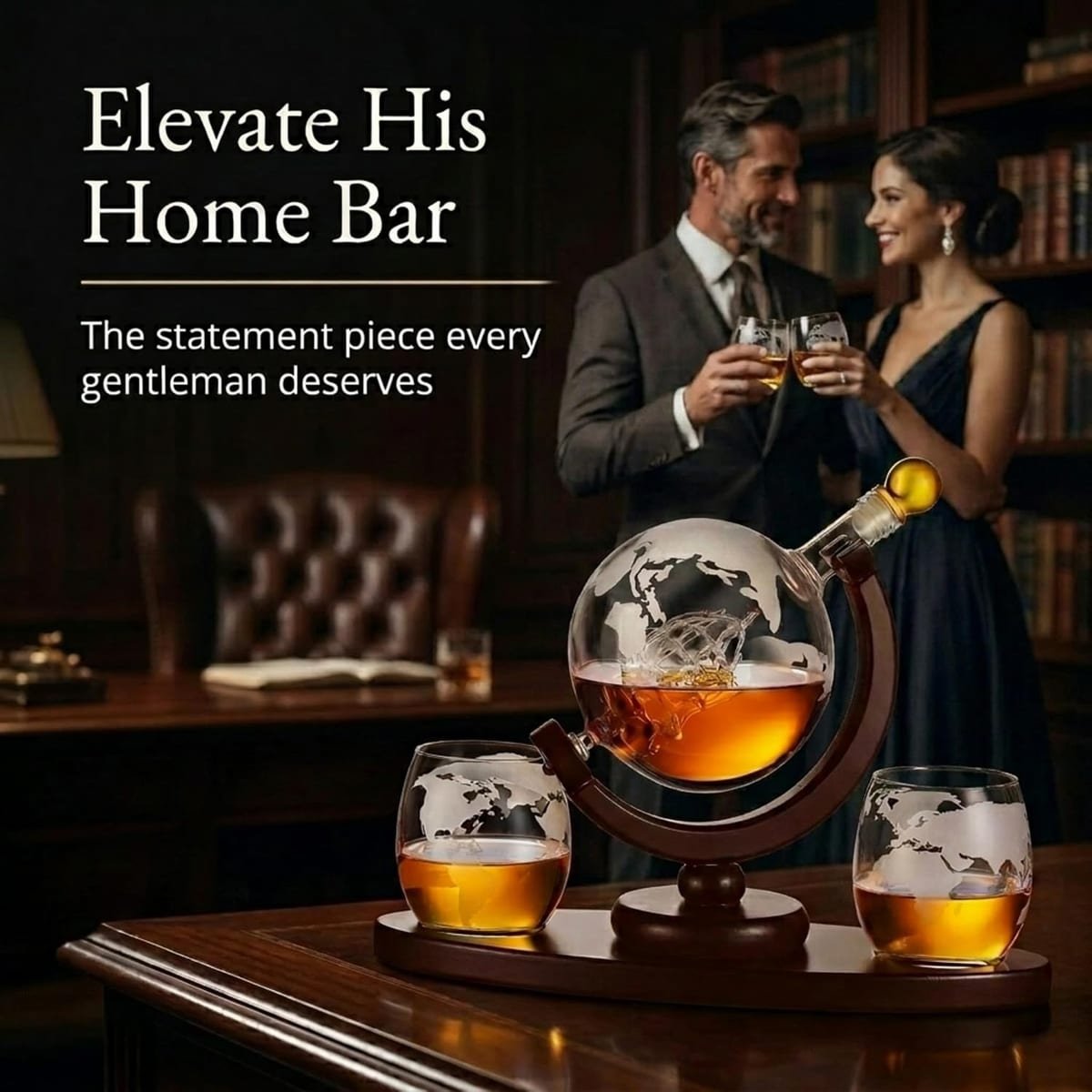 Whiskey Decanter Globe Set with antique ship inside