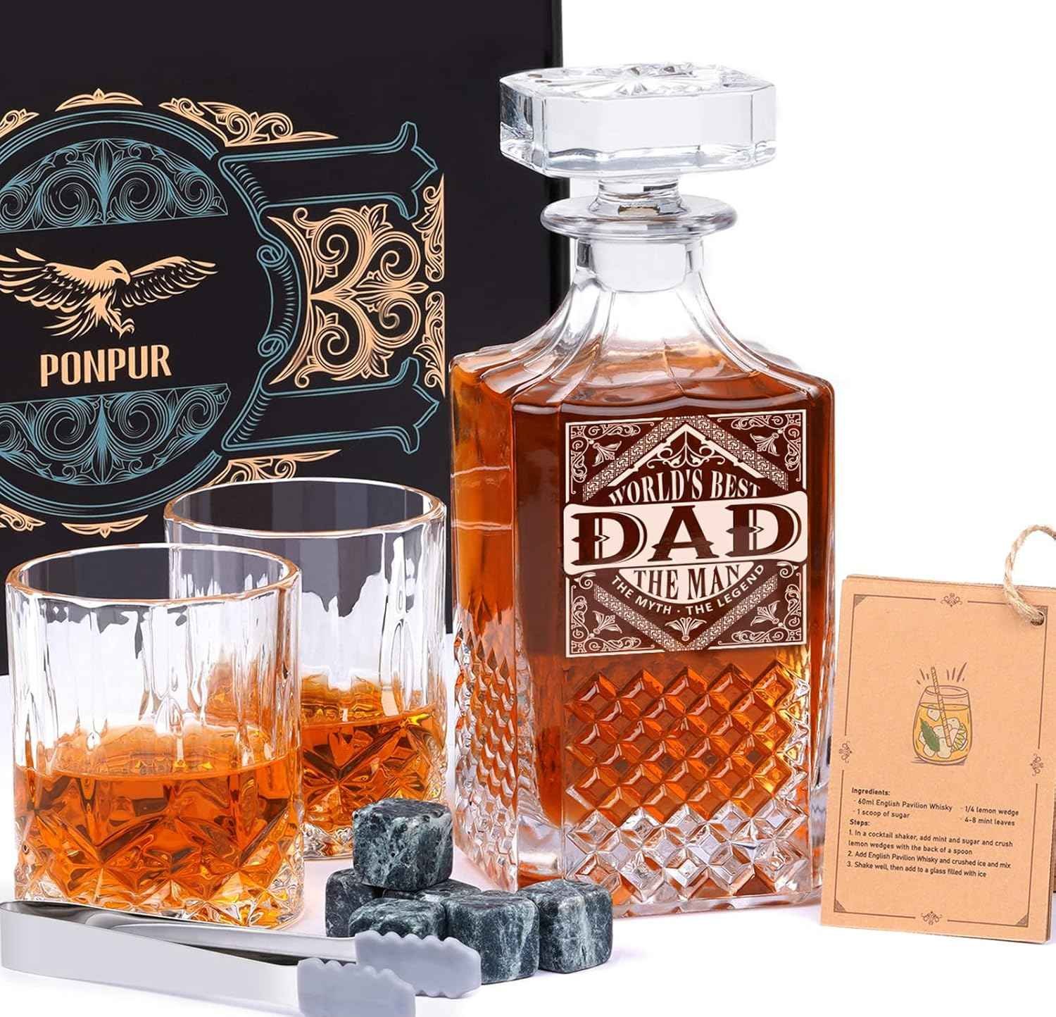 Heavy glass whiskey decanter with twin old fashioned glasses set