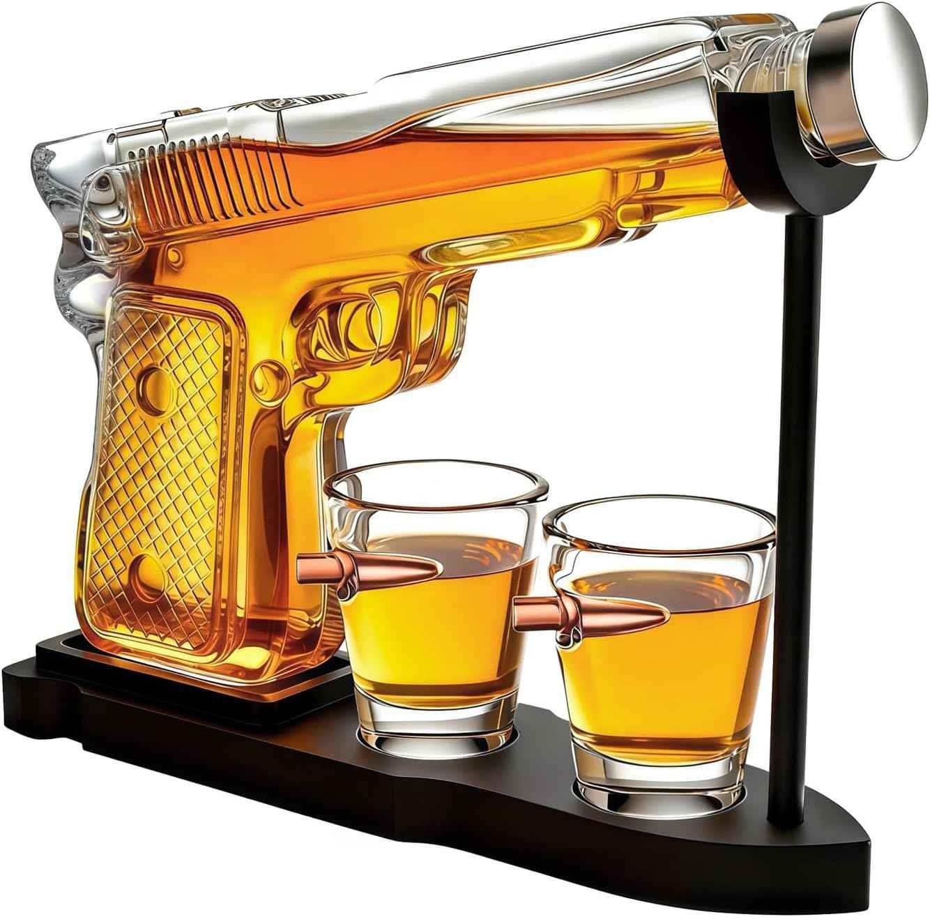Handcrafted vintage gun-shaped whiskey decanter with 2 bullet glasses on mahogany stand